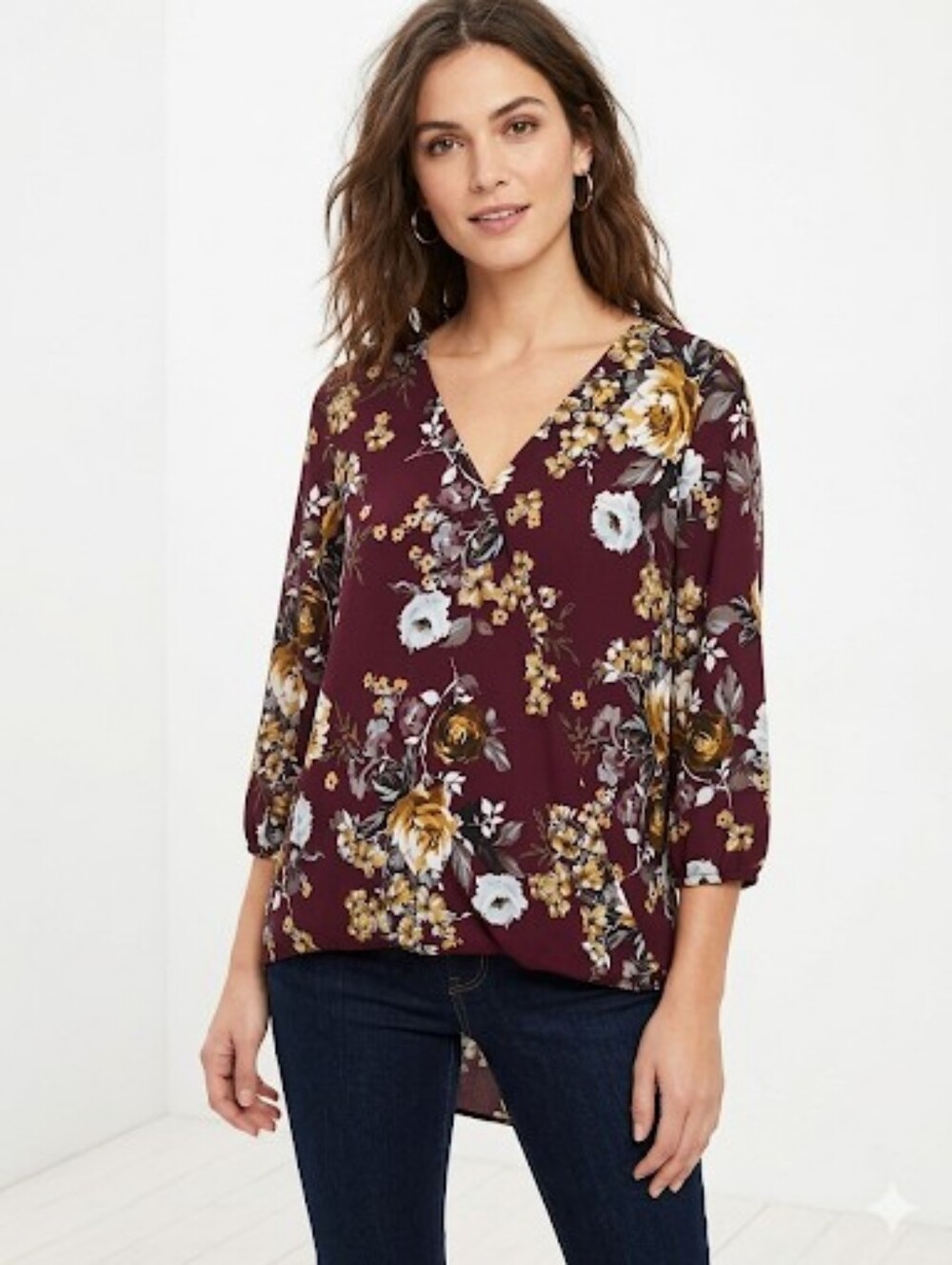 Apt.9 Burgandy Bohemian inspired floral pattern Wrap Blouse Sz M